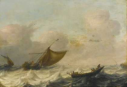 在波涛汹涌的水域中捕鱼和划船`Fishing And Rowing Boats Among Choppy Waters by Pieter Mulier the Elder