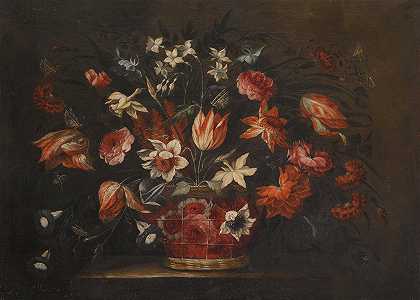 何塞·德·阿雷亚诺（Joséde Arellano）的一幅静物画，在石基座上放着一篮郁金香、康乃馨和其他花朵`A Still Life With A Basket Of Tulips, Carnations And Other Flowers On A Stone Plinth by José de Arellano