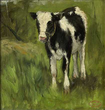 小牛，黑白斑点`Calf, spotted black and white (c. 1873 ~ c. 1903) by Geo Poggenbeek