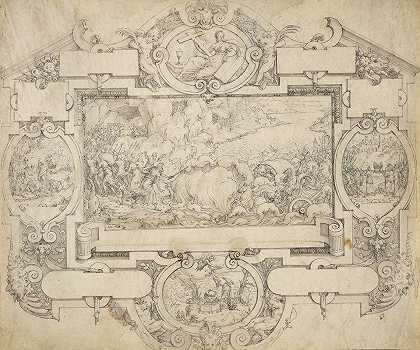 法老的毁灭卡图切中的军队和其他场景`The Destruction of Pharoahs Army and Other Scenes within a Cartouche (1560–1570) by Etienne Delaune