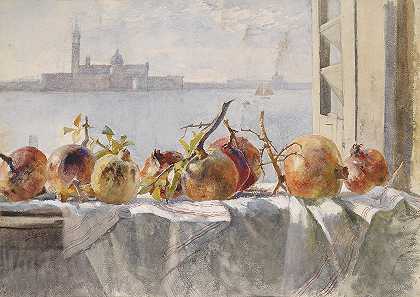玛丽·埃格纳的《窗台上的石榴》`Granatäpfel auf einer Fensterbank by Marie Egner