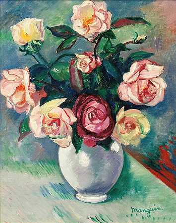 亨利·曼金的白色花瓶里的一束玫瑰`Bouquet De Roses Dans Un Vase Blanc (1912) by Henri Manguin