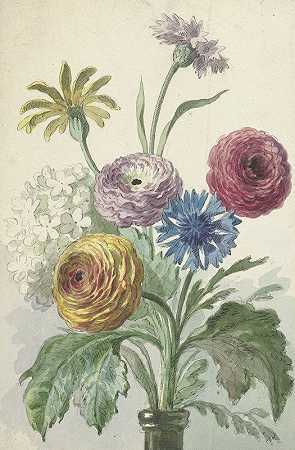 绿色花瓶颈上的一束花`Boeket bloemen in de hals van een groene vaas (1763) by Willem van Leen