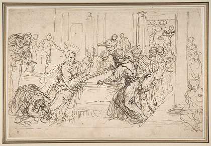 悔改的妇人，在法利赛人西门的桌子上膏基督的脚`Penitent Woman Anointing the Feet of Christ at the Table of Simon the Pharisee (1548–1628) by Jacopo Palma il Giovane