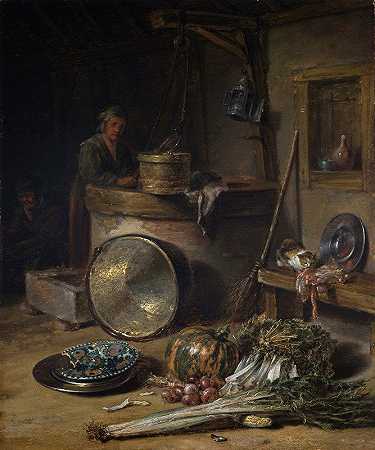 威廉·卡尔夫（Willem Kalf）的《一口井旁的女人》中的农民室内设计`Peasant Interior with Woman at a Well (c.1642–43) by Willem Kalf