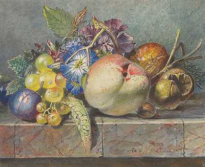 阿尔伯特斯·斯滕贝根的《水果与花朵静物》`Vruchten~ en bloemstilleven (1824 ~ 1900) by Albertus Steenbergen
