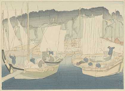 Shiogama港的船只`Bootjes in de haven van Shiogama (1917) by Hirafuku Hyakusui