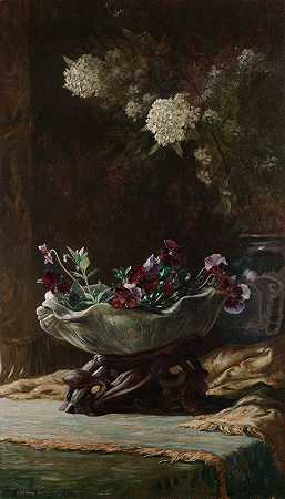 《三色紫罗兰与绣线菊》埃利胡·维德`Pansies and Spirea (1882) by Elihu Vedder