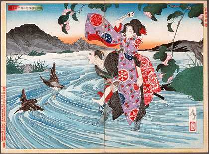 恶魔Omatsu在福特杀死了Shirōsaburō`The Demon Omatsu Kills Shirōsaburō in the Ford (1886) by Tsukioka Yoshitoshi
