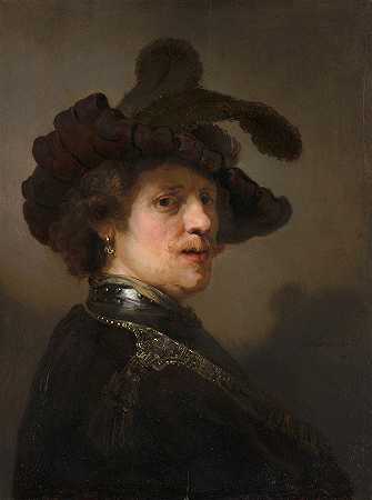 &;特罗尼一个戴着羽毛贝雷帽的男人`;Tronie of a Man with a Feathered Beret (c. 1635 ~ 1640) by Rembrandt van Rijn