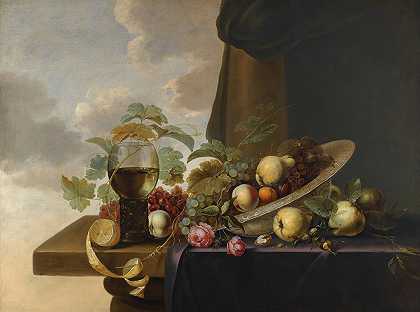 一幅静物画，葡萄、梨、桃子和玫瑰放在瓦安利克拉克瓷碗里，米切尔·西蒙斯（Michiel Simons）在部分覆盖的桌面上放着一个罗默（Roemer）和一个半去皮的柠檬`A Still Life With Grapes, Pears, A Peach And Roses In A Waanli Kraak Porcelain Bowl, With A Roemer And A Half~Peeled Lemon On A Partly Covered Table Top (1650) by Michiel Simons