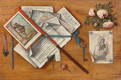 Trompe L安东尼奥·齐奥奇（Antonio Cioci）在一块木板上画着字母和其他物品的欧伊尔静物画（oeil Still Life）`Trompe Loeil Still Life With Letters And Other Objects On A Board by Antonio Cioci