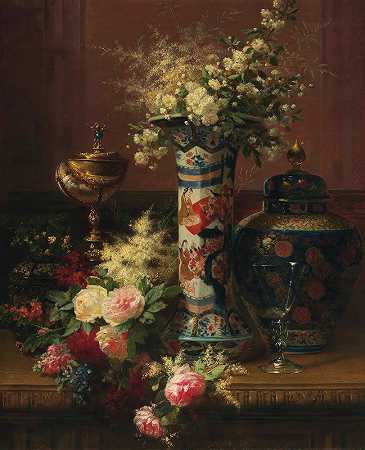 让·巴蒂斯特·罗比日本花瓶中的玫瑰、牡丹和勿忘我`Roses, Peonies and Forget~me~nots in a Japanese Vase (1870) by Jean-Baptiste Robie