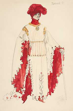 理查德二世（红色），亨利·欧文1898年计划制作的《理查德二世》的服装素描`Richard II (in red), costume sketch for Henry Irving’s 1898 Planned Production of Richard II by Edwin Austin Abbey