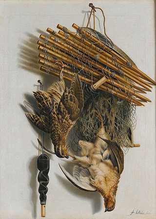 一个Trompe L欧伊尔静物画，两只鹌鹑，一张鸟网和雅各布斯·比尔提乌斯的哨子`A Trompe Loeil Still Life With Two Quails, A Bird~Net And A Whistle by Jacobus Biltius