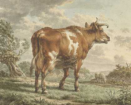 风景中的红骨牛`Roodbonte koe in een landschap (1783) by Jacob Cats