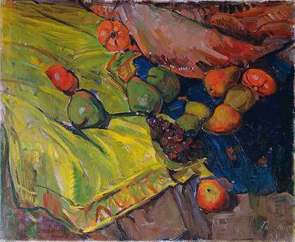 安东·费斯托尔的《绿色布料上的水果静物》`Stillleben Mit Früchten Auf Grünem Tuch (1911) by Anton Faistauer
