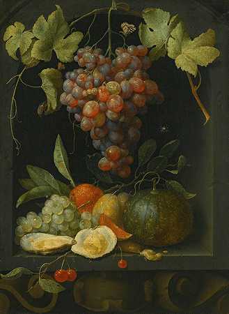 乔里斯·范森（Joris van Son）的《石头壁龛里的静物画与葡萄、瓜子、橘子李子和牡蛎》`Still life with grapes a melon an orange plums and oysters in a stone niche (1654) by Joris van Son