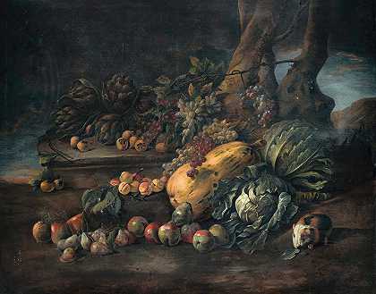 安吉洛·玛丽亚·罗西的《森林地面上的蔬菜静物》`Still life of vegetables on a forest floor by Angelo Maria Rossi