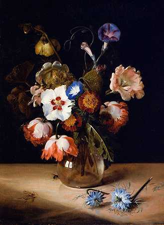 德克·德布雷的《玻璃花瓶里的花》`Flowers in a Glass Vase (1671) by Dirck de Bray
