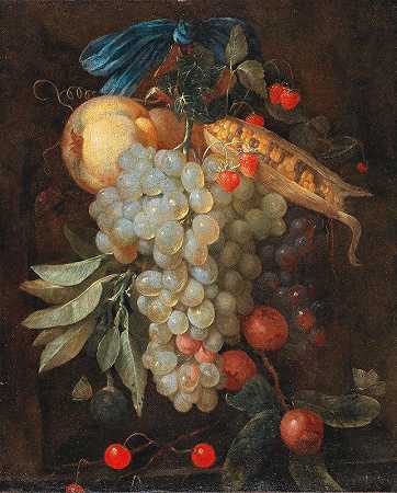 悬挂着的一束水果，包括葡萄、梨和玉米棒，还有乔里斯·范森的蝴蝶`A hanging bouquet of fruit, including grapes, a pear and corn on the cob, with butterflies by Joris van Son