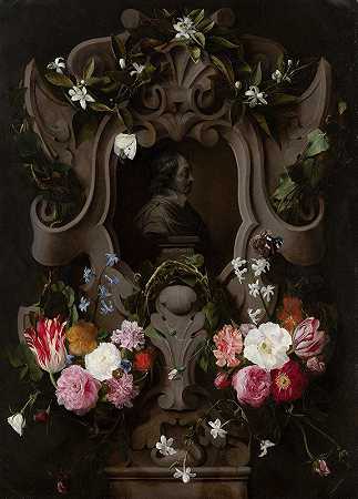 康斯坦丁·惠更斯半身像，周围是丹尼尔·塞格斯的花环`Bust of Constantijn Huygens Surrounded by a Garland of Flowers (1644) by a Garland of Flowers by Daniel Seghers