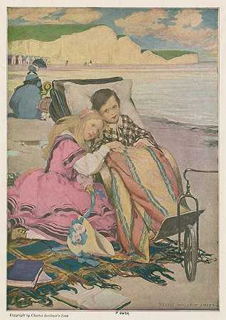 保罗·董贝和弗洛伦斯在布莱顿海滩上。`Paul Dombey and Florence on the beach at Brighton. (1937) by Jessie Willcox Smith
