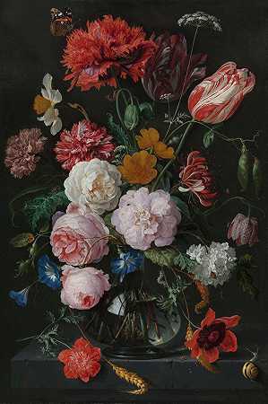 简·戴维兹·德希姆的《玻璃花瓶里的花朵静物》`Still Life with Flowers in a Glass Vase (1650 ~ 1683) by Jan Davidsz de Heem