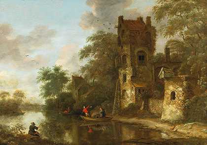 河岸上有废墟的风景`A landscape with a ruin on the bank of a river by Roelof Jansz. van Vries
