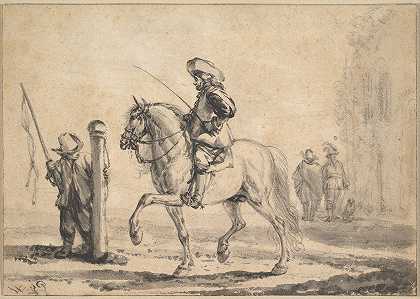 一匹骑在马背上的灰马正在操练`A Mounted Grey Horse Being Schooled in Piaffe (after 1646) by Philips Wouwerman