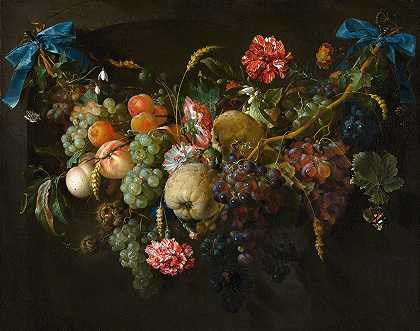 《水果和鲜花的花环》简·戴维兹·德希姆`Garland of Fruit and Flowers (probably 1650 ~ 1660) by Jan Davidsz de Heem