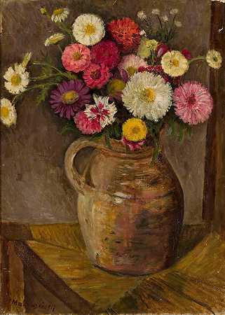陶罐中的紫菀和紫堇`Asters and zinnias in a clay jug (1917) by Tadeusz Makowski