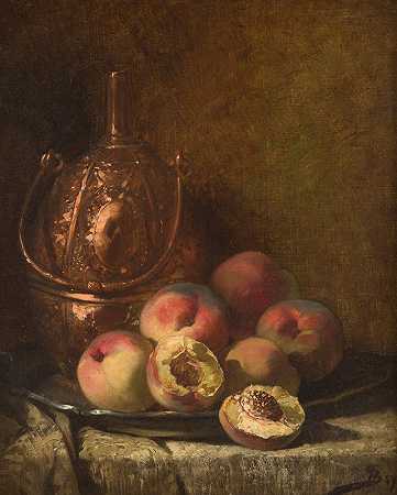 Pierre-Marie Beyle的《容器与桃子静物》`Still life with vessel and peaches by Pierre-Marie Beyle