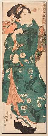 蝴蝶图案和服的站立美`Standing Beauty with Butterfly Pattern Kimono (circa 1842~1843) by Utagawa Kunisada (Toyokuni III)