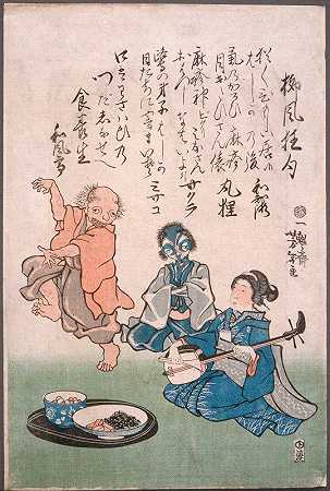 艺妓与萨米森共舞`Geisha Accompanying Dancing Measles with Samisen (1862) by Tsukioka Yoshitoshi