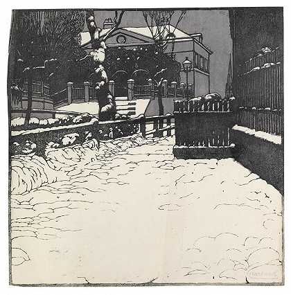 德布林的雪景别墅`Verschneite Villa in Döbling (1903) by Carl Moll