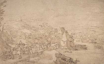 村庄附近的道路上有马车的河流景观`River Landscape with Wagons on a Road near a Village (1586–1631) by Joos de Momper the Younger