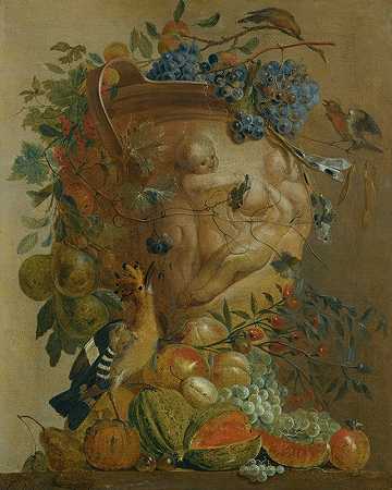 雅各布斯·冯克（Jacobus Vonck）的《一个石瓮中的瓜、葡萄、桃子和其他水果的静物画》，里面有鸟`A Still Life Of Melons, Grapes, Peaches And Other Fruits In A Stone Urn With Birds by Jacobus Vonck