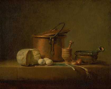 Jean Baptiste Siméon Chardin的《铜壶、奶酪和鸡蛋静物》`Still Life with Copper Pot, Cheese and Eggs (c. 1730 ~ 1735) by Jean-Baptiste-Siméon Chardin