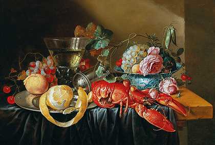 Cornelis Mahu的《带水果和煮龙虾的静物画》`A still life with fruit and a boiled lobster by Cornelis Mahu