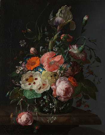 瑞秋·鲁伊斯（Rachel Ruysch）大理石桌面上的花朵静物画`Still Life with Flowers on a Marble Tabletop (1716) by Rachel Ruysch