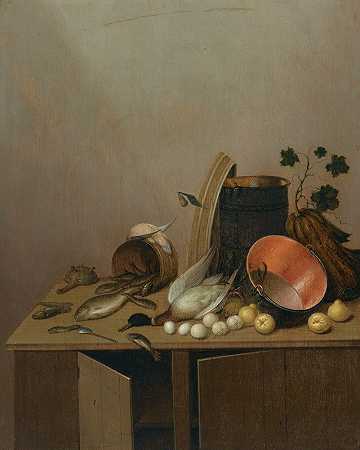 静物画有一只死鸭子、鱼、梨、蛋、一个铜锅和其他物品，都放在一个橱柜上`Still Life With A Dead Duck, Fish, Pears, Eggs, A Copper Pot And Other Objects, All Arranged On A Kitchen Cabinet by Gerrit van Vucht