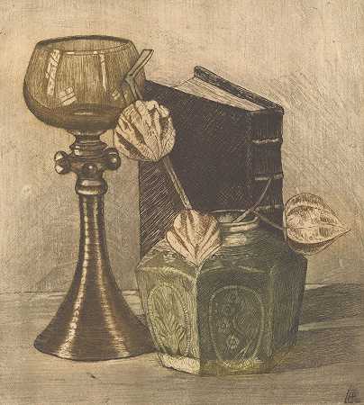 Theodorus Antonius de Gruiter的《生姜罐中的书、酒杯和灯笼植物静物》`Stilleven met boek, wijnglas en lampionplant in gemberpot (1922) by Theodorus Antonius de Gruiter