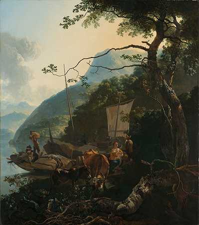 船夫停泊在意大利的湖岸上`Boatmen Moored on the Shore of an Italian Lake (1650 ~ 1670) by Adam Pynacker