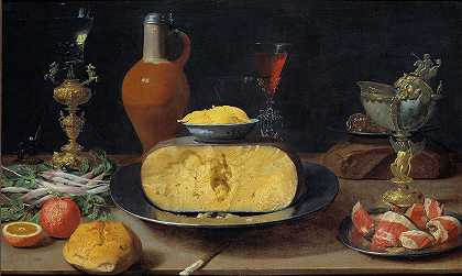 Jacob Foppens van Es的奶酪和高脚杯早餐`Breakfast Piece with Cheese and Goblet by Jacob Foppens van Es