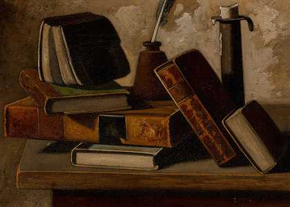 约翰·弗雷德里克·佩托的《带书、墨水罐和烛台的静物画》`Still Life with Books, Inkpot, and Candlestick by John Frederick Peto