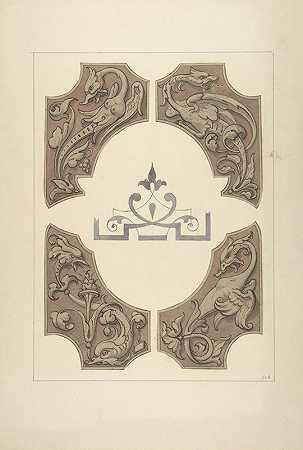 以狮鹫、鸟类和海豚为特色的怪诞设计`Grotesque designs featuring griffin, birds, and dolphins (1830–97) by Jules-Edmond-Charles Lachaise
