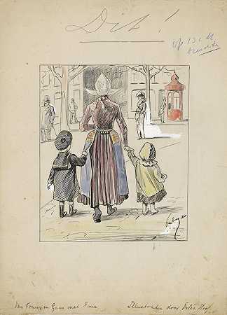 街景：一个穿着服装的女人和两个孩子`Straatgezicht met een vrouw in klederdracht en twee kinderen (1888 ~ 1943) by Felix Hess