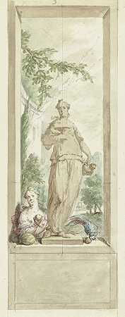 为大厅设计感官品味的雕像，旁边是一个女人和一只带水果的鹦鹉`Ontwerp voor een zaalstuk; standbeeld van zintuig Smaak, daarnaast een vrouw en papegaai met vruchten (1715 ~ 1798) by Dionys van Nijmegen