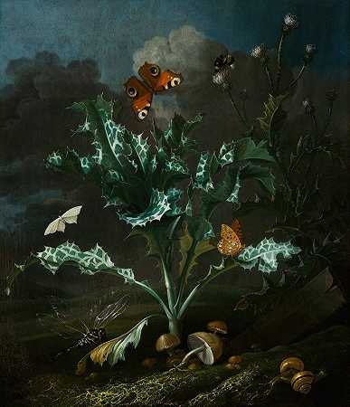 蓟和蝴蝶`Thistles and Butterflies by Otto Marseus van Schrieck